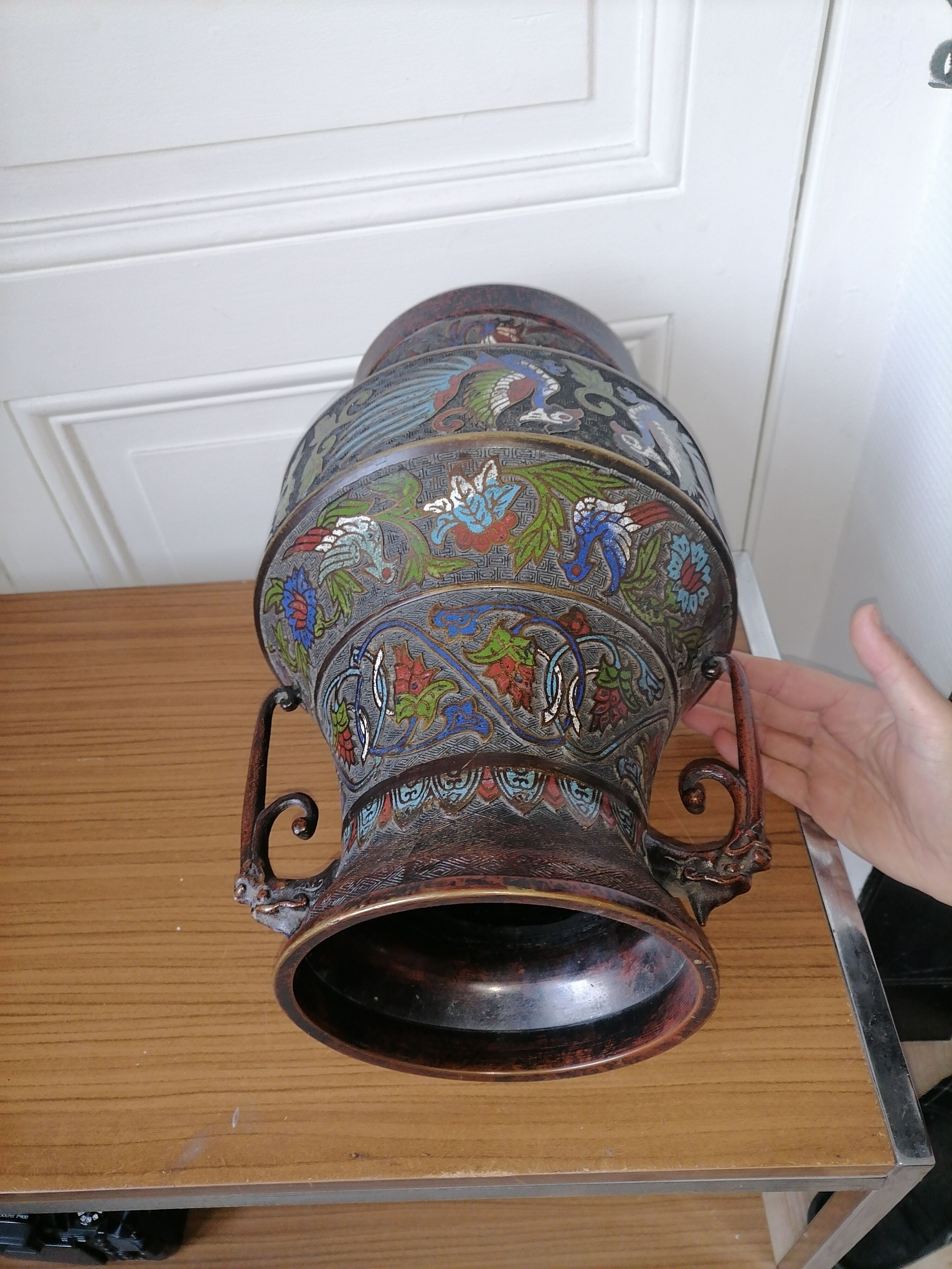 Japanese vase in bronze emaux partitioned 40cm meiji era