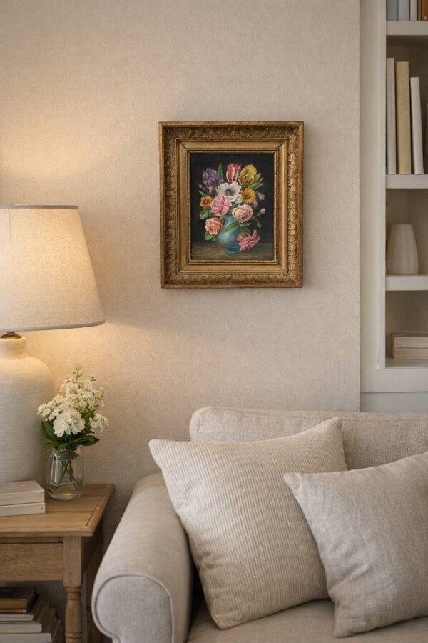 Tableau ancien nature morte aux fleurs – huile sur toile – cadre doré