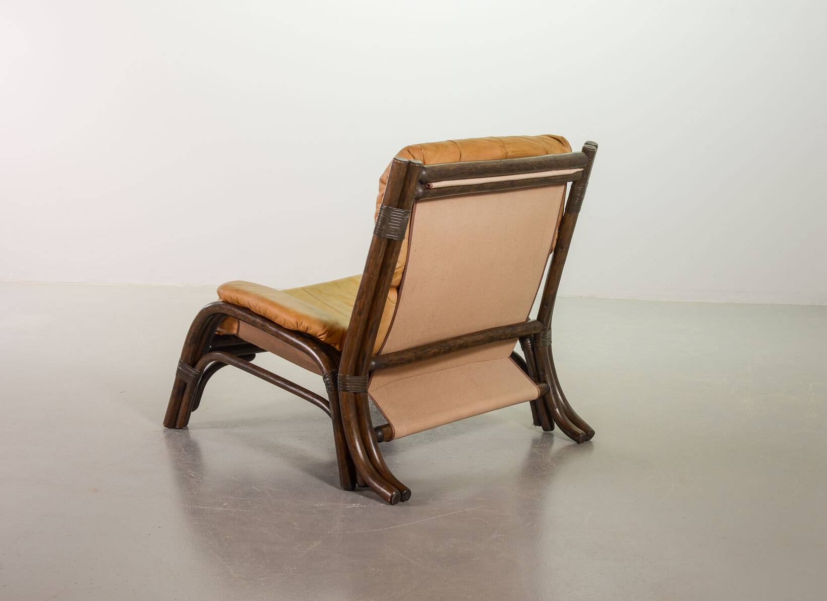 Brutalist Bentwood Bamboo Lounge Chair with Caramel Leather Upholstery, 60s