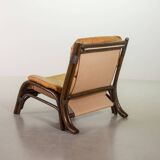 Brutalist Bentwood Bamboo Lounge Chair with Caramel Leather Upholstery, 60s