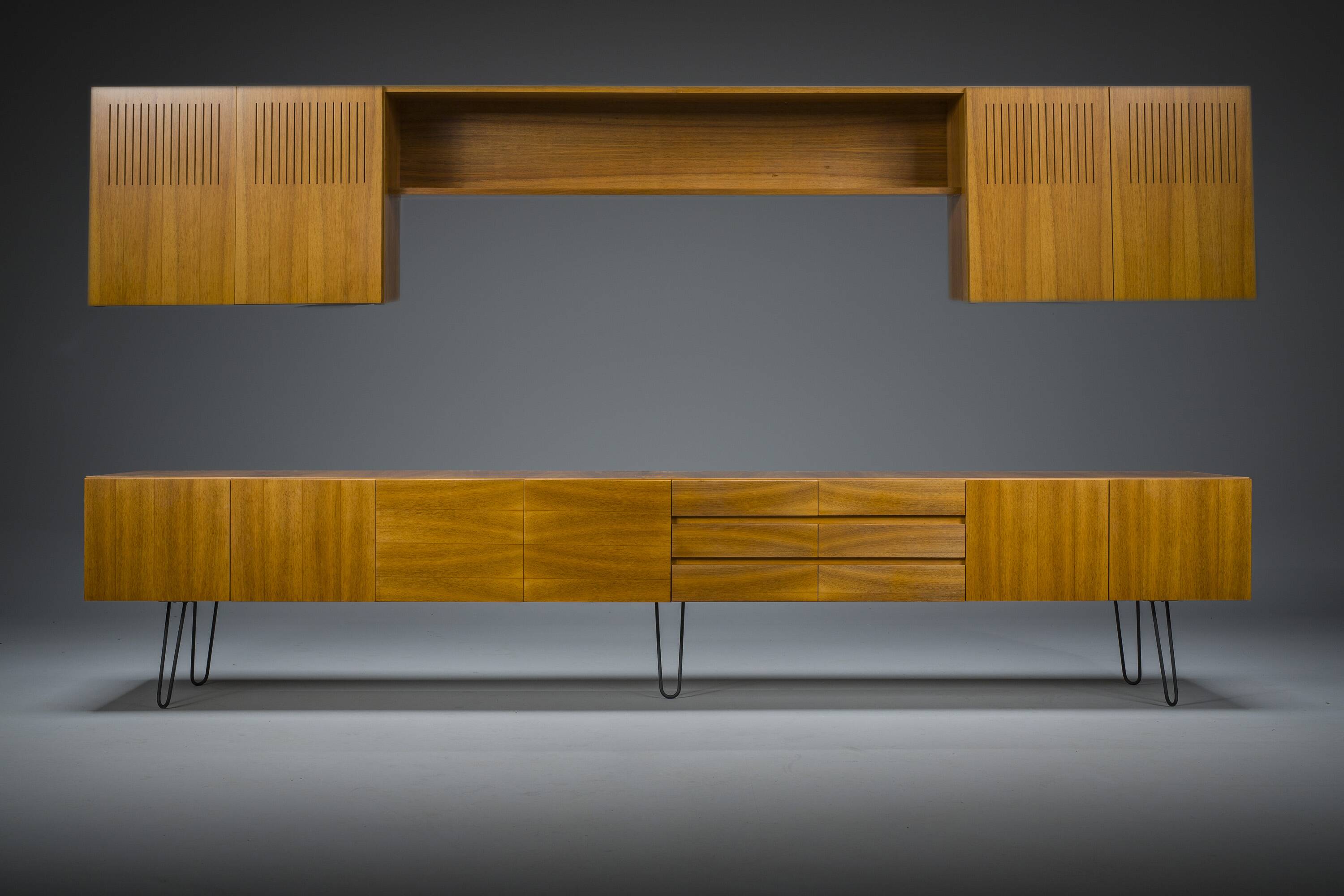 Mid-Century Wall Unit Cabinet and Sideboard in Walunt, 1970s, Set of 2