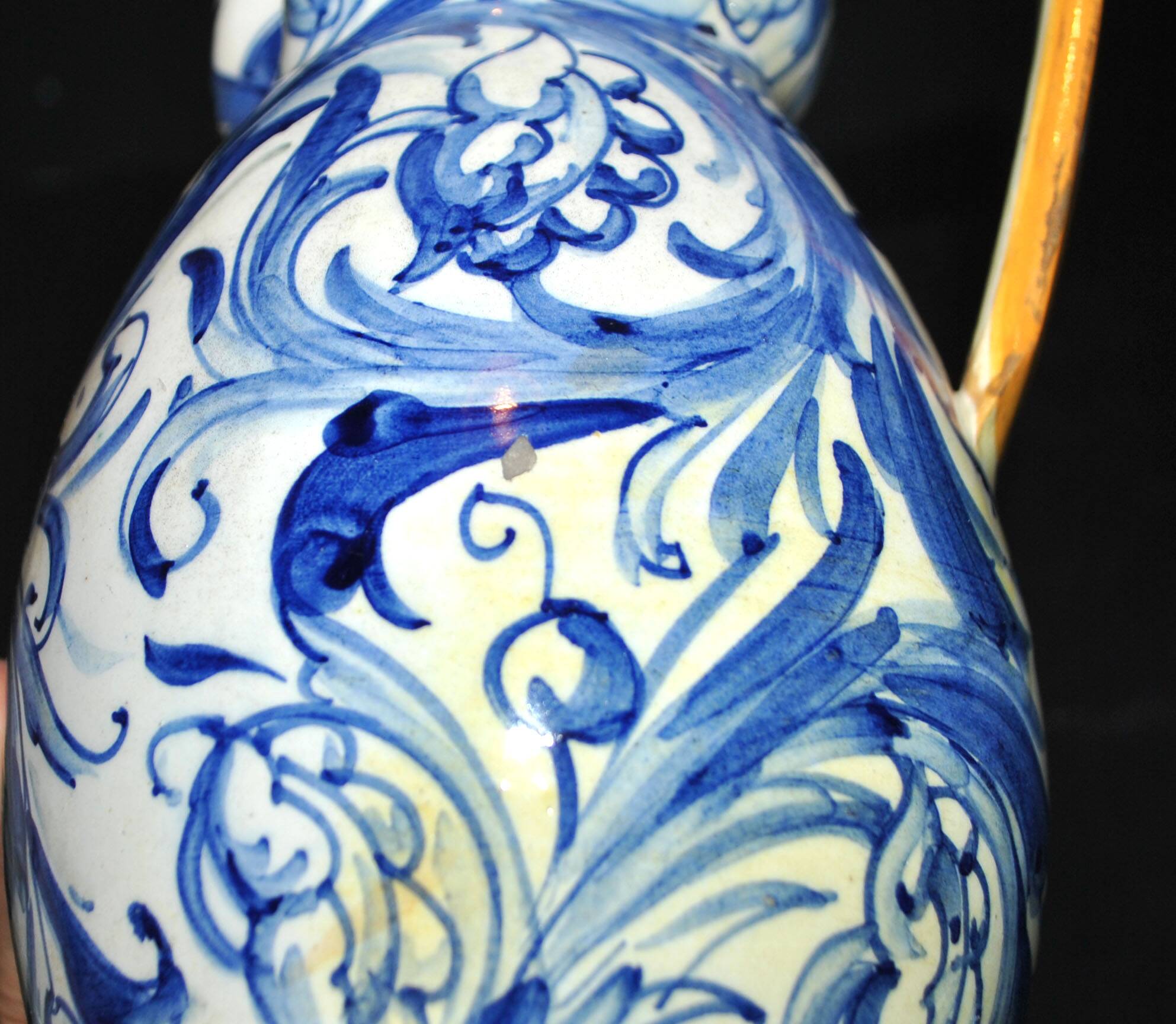 Large Italian ceramic pitcher barbotine majolica blue and yellow decoration