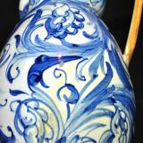 Large Italian ceramic pitcher barbotine majolica blue and yellow decoration