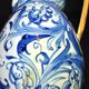 Large Italian ceramic pitcher barbotine majolica blue and yellow decoration