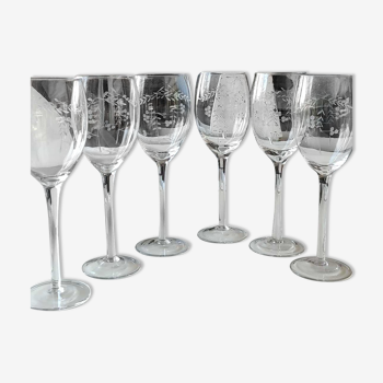 Lot de 6 verres à pied en cristal taillé, art déco d épis de blé/motifs floraux, art déco