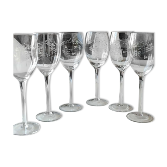 Lot de 6 verres à pied en cristal taillé, art déco d épis de blé/motifs floraux, art déco