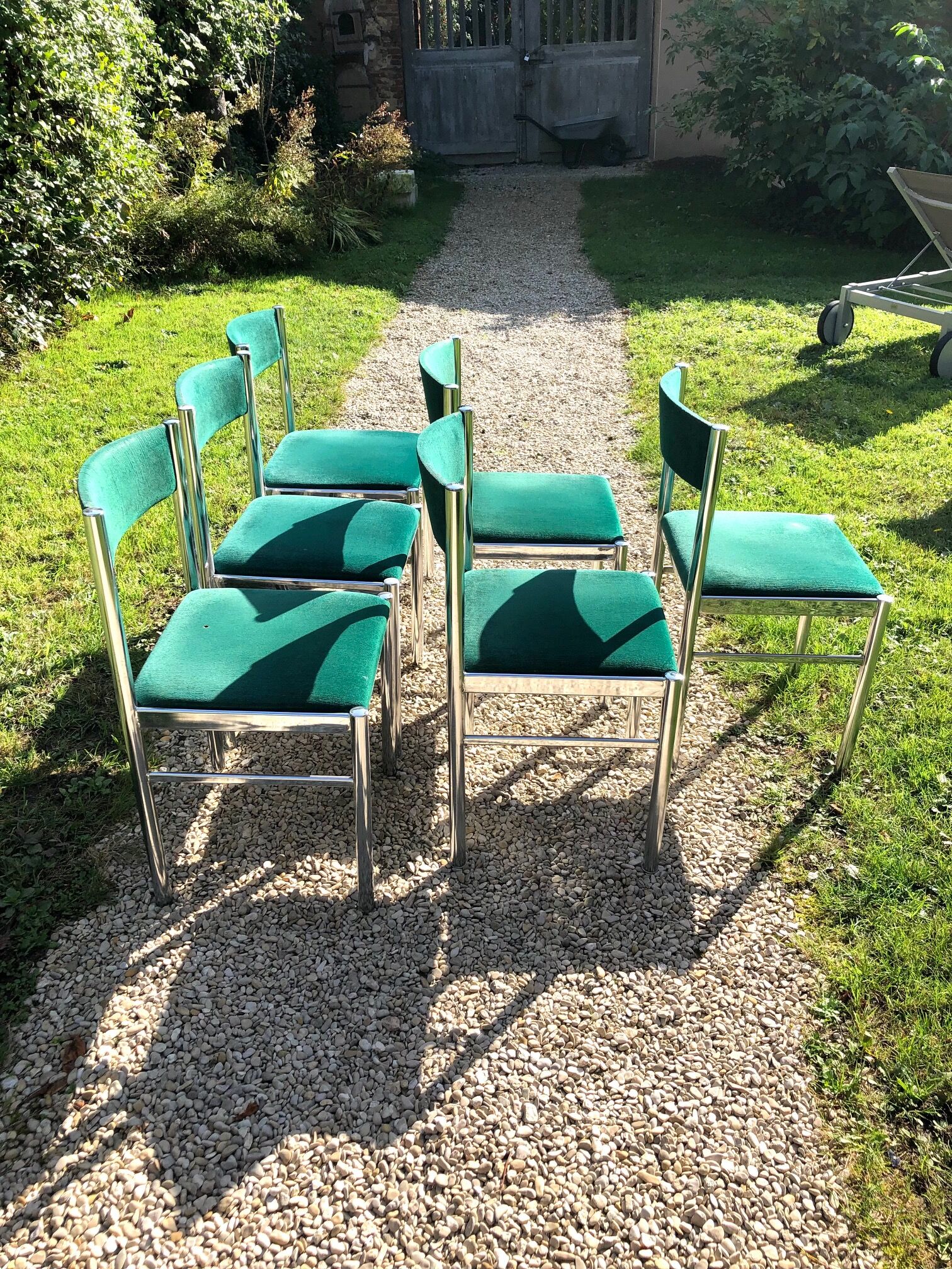 Set of 6 metal and velvet chairs 70s