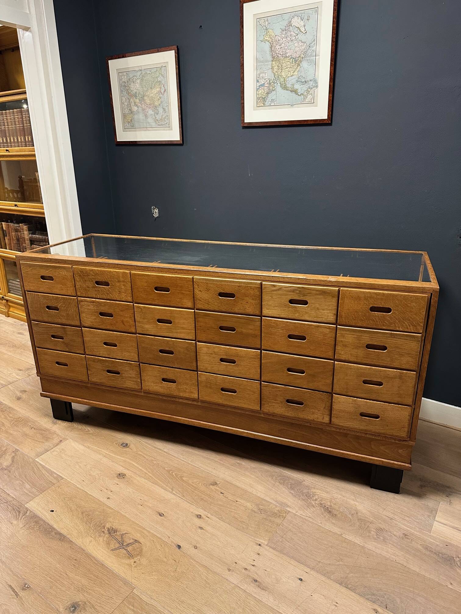 Old oak display counter with 24 drawers