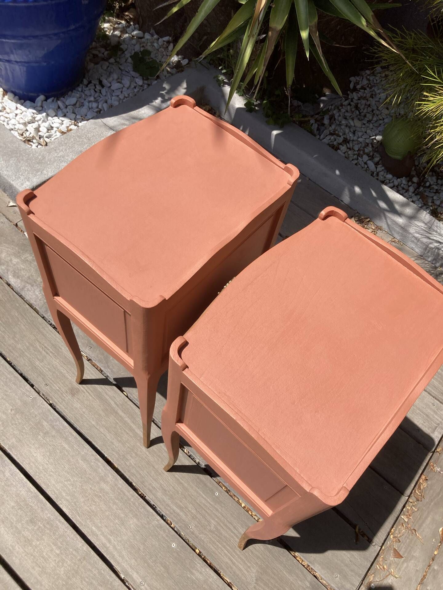 Pair of revamped bohemian / berber bedside tables with the heart "life is beautiful"