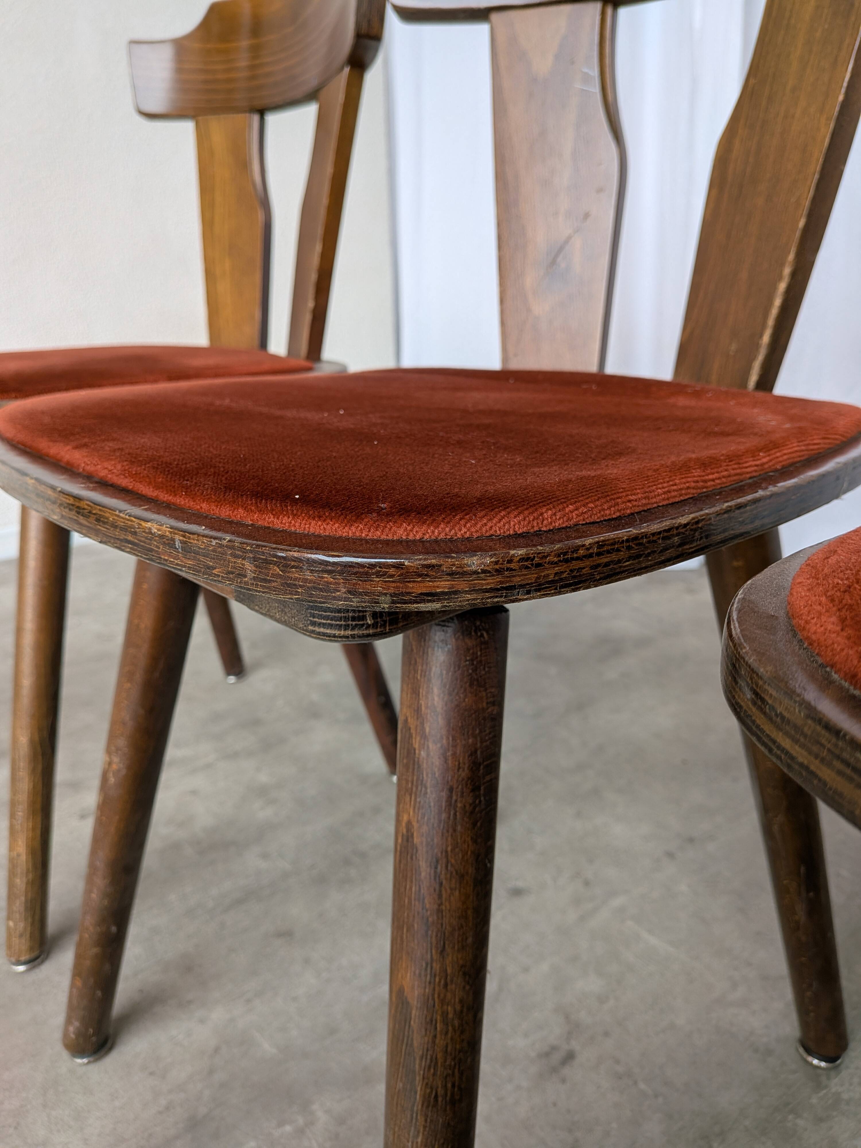 Vintage Tyrolean Dining Chairs: Set of 4, Red Fabric Seat, 1970s