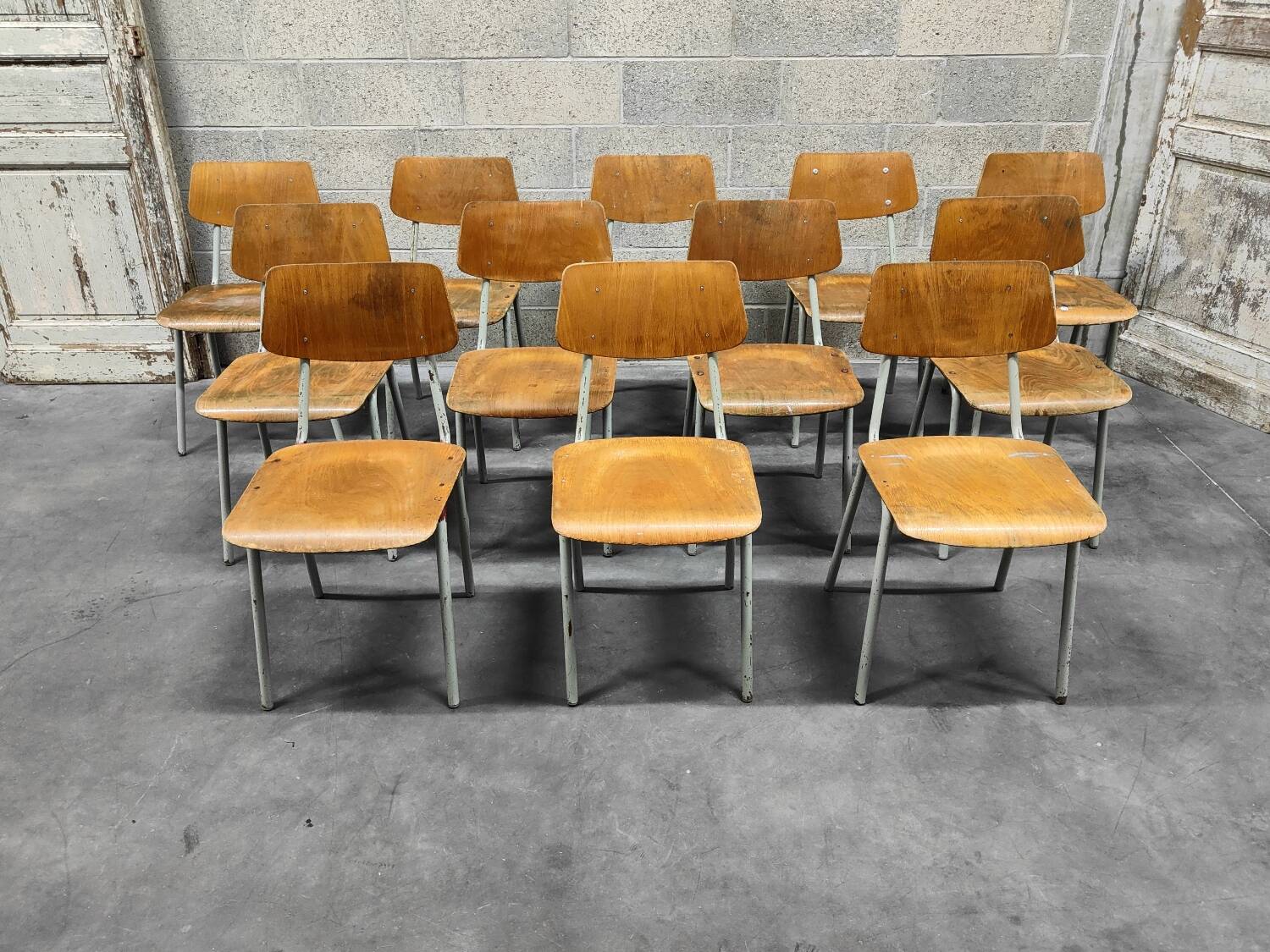 Set of 12 metal and wood school chairs Czechoslovakia Kovona