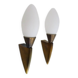 Pair of wall sconces, torchère, brass and opaline. 1980s.