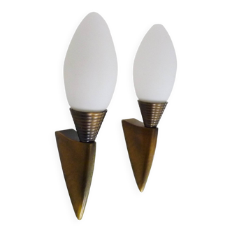Pair of wall sconces, torchère, brass and opaline. 1980s.
