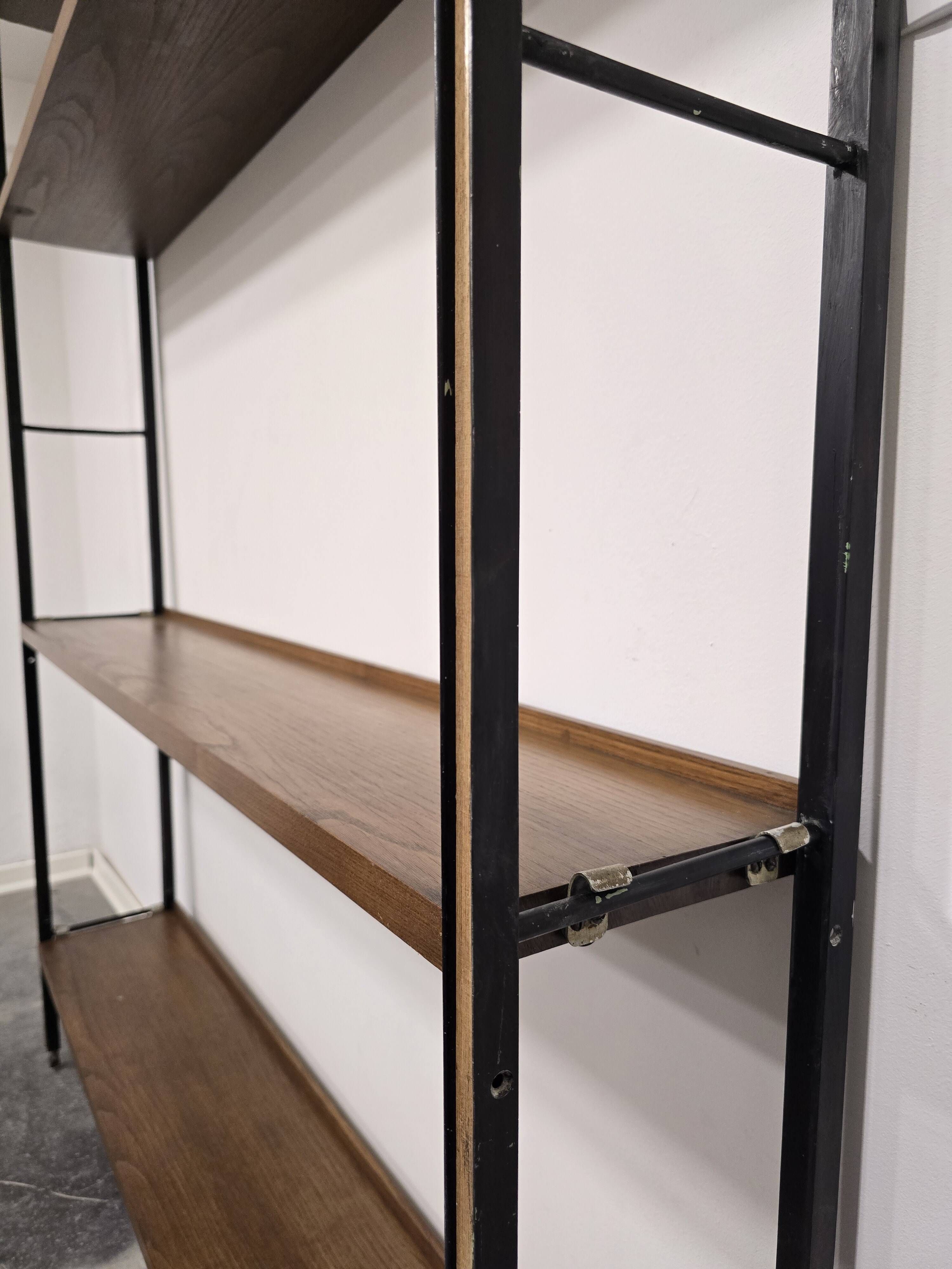 Vintage 1950s Mid-Century Modern Wall Shelving Unit – Hardwood & Alumi