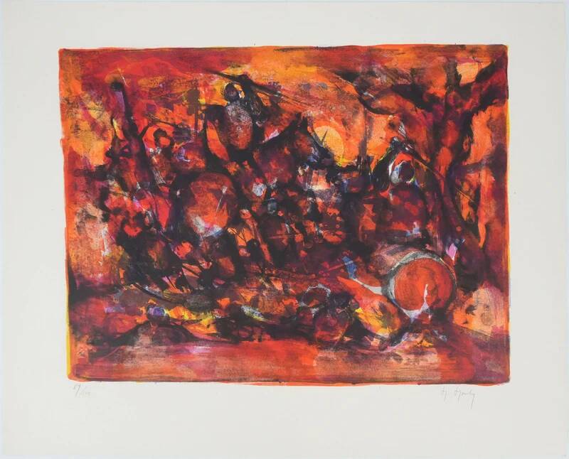 Marcel Mouly : Combat rouge, lithographie originale signée