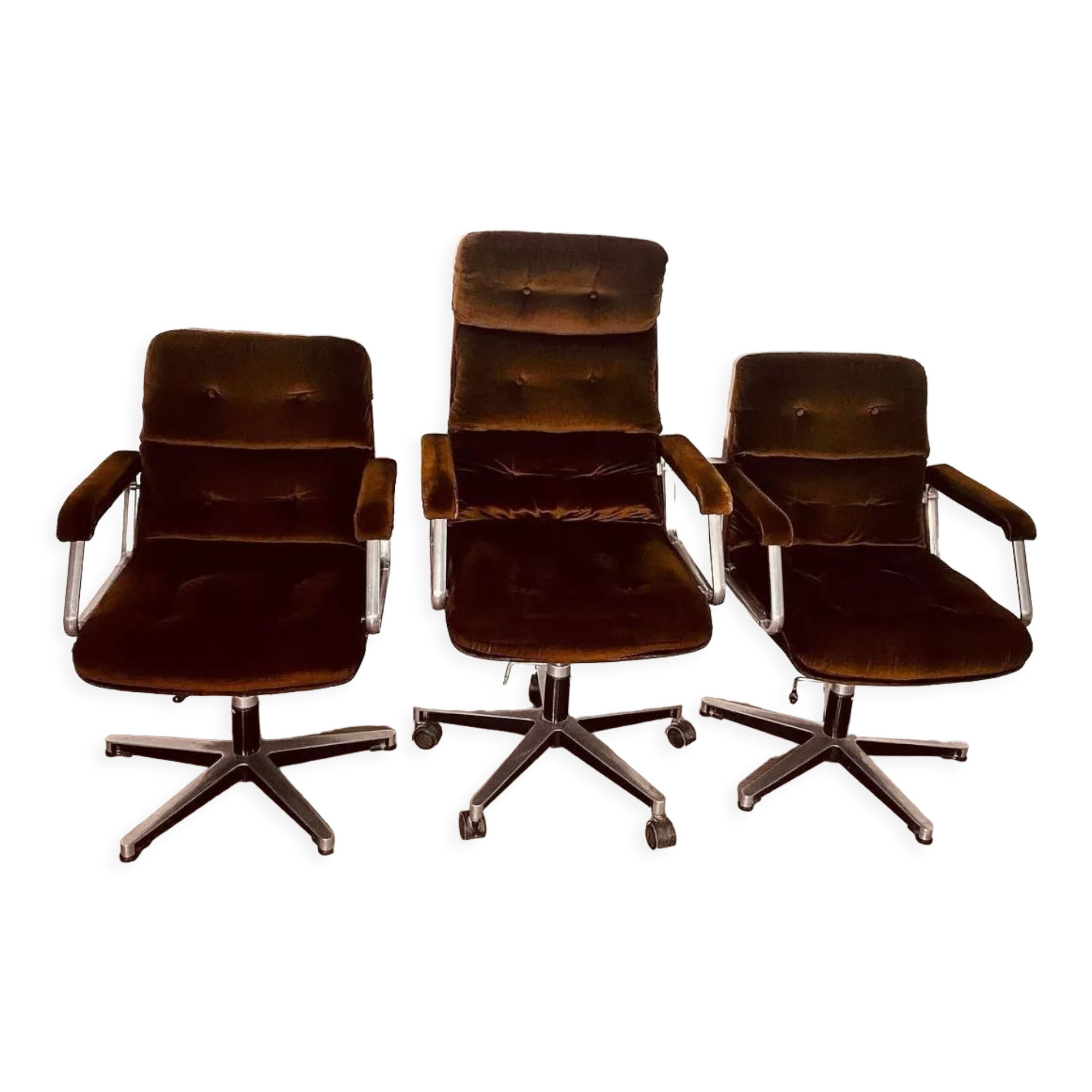 3 brown velvet armchairs