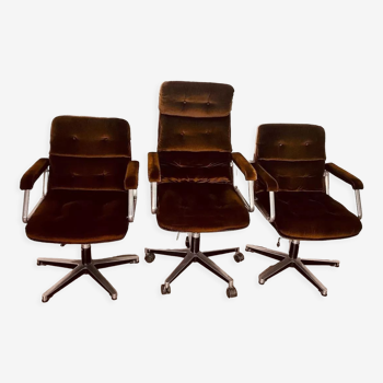 3 brown velvet armchairs