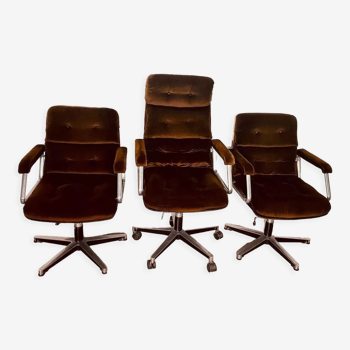 3 fauteuils velours marron