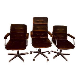 3 brown velvet armchairs