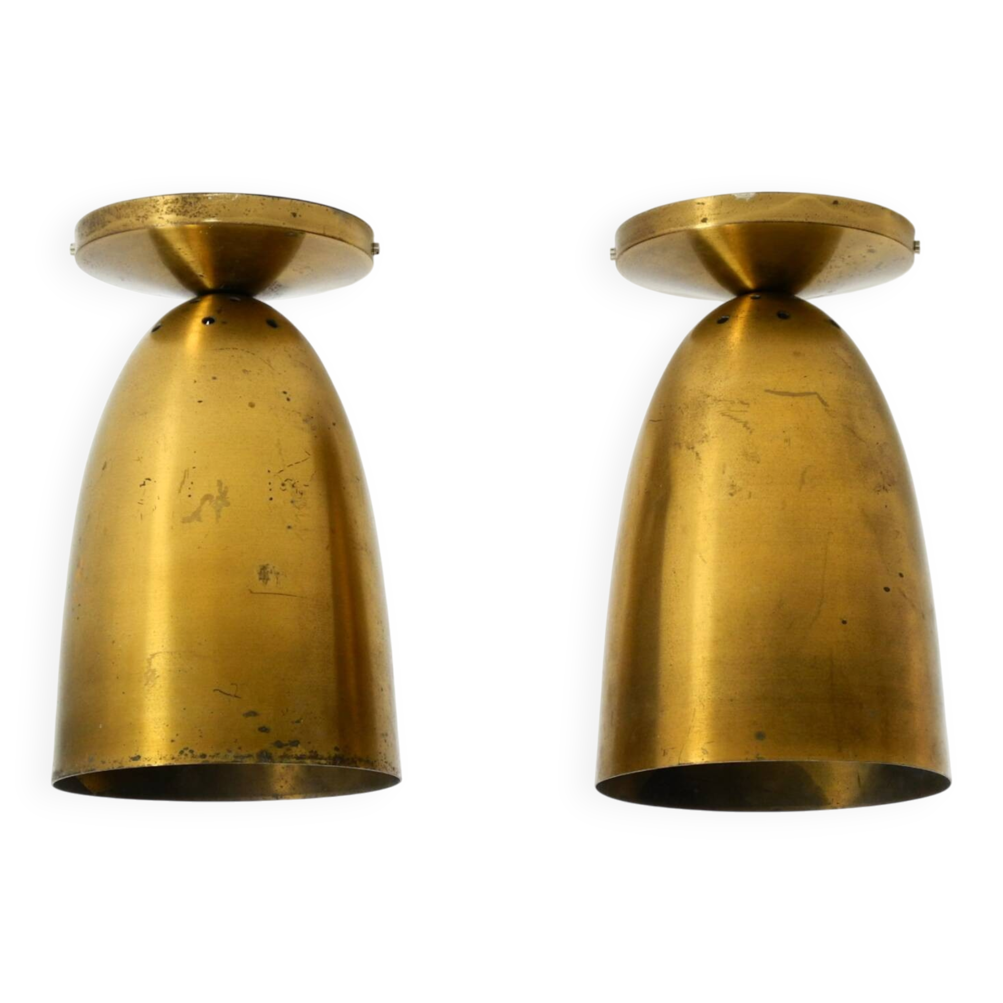 A pair of large, original Mid Century Modern brass ceiling lamps