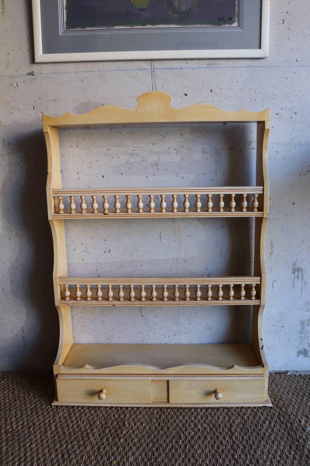 Vintage painted turned wood wall shelf