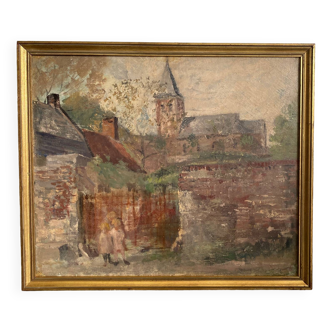 Huile sur toile enfants devant le portail