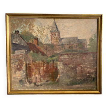 Huile sur toile enfants devant le portail