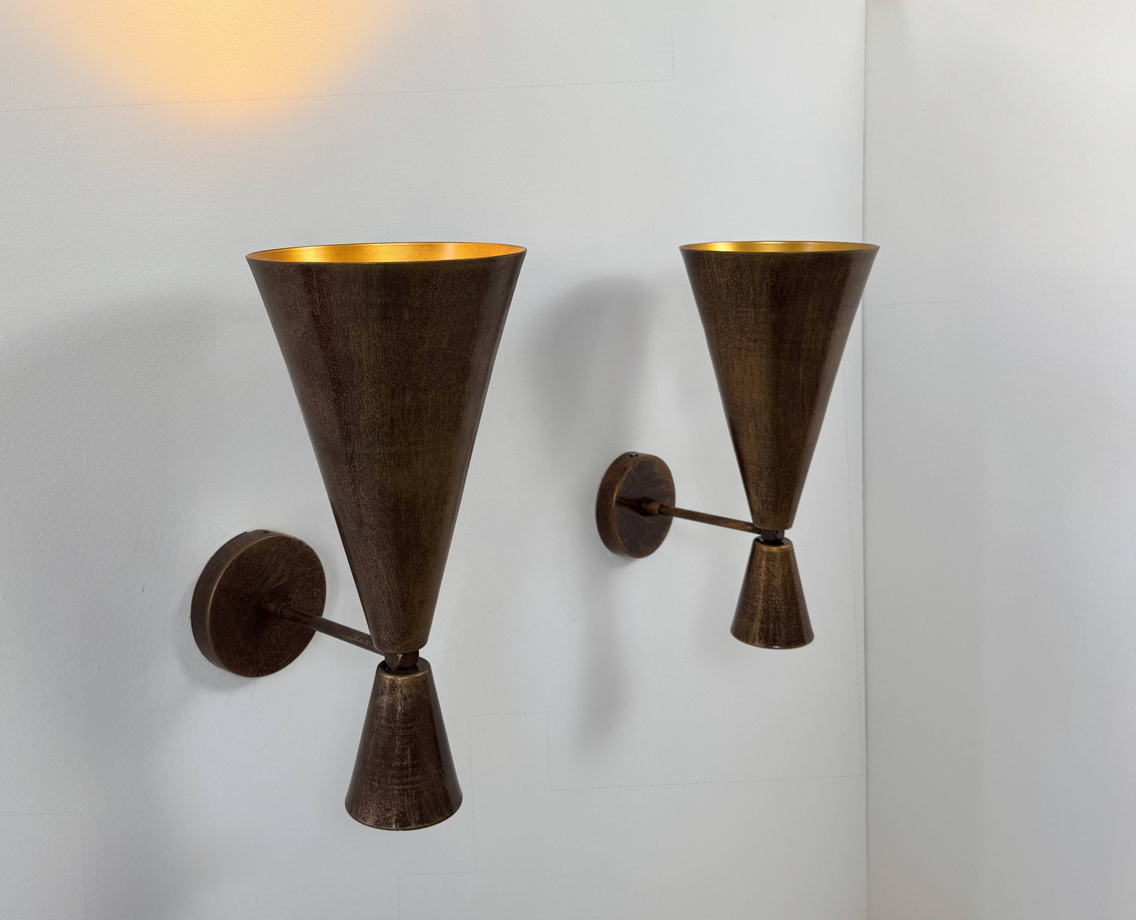 Pair of vintage patinated copper metal wall lights, France, 1980.