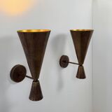 Pair of vintage patinated copper metal wall lights, France, 1980.