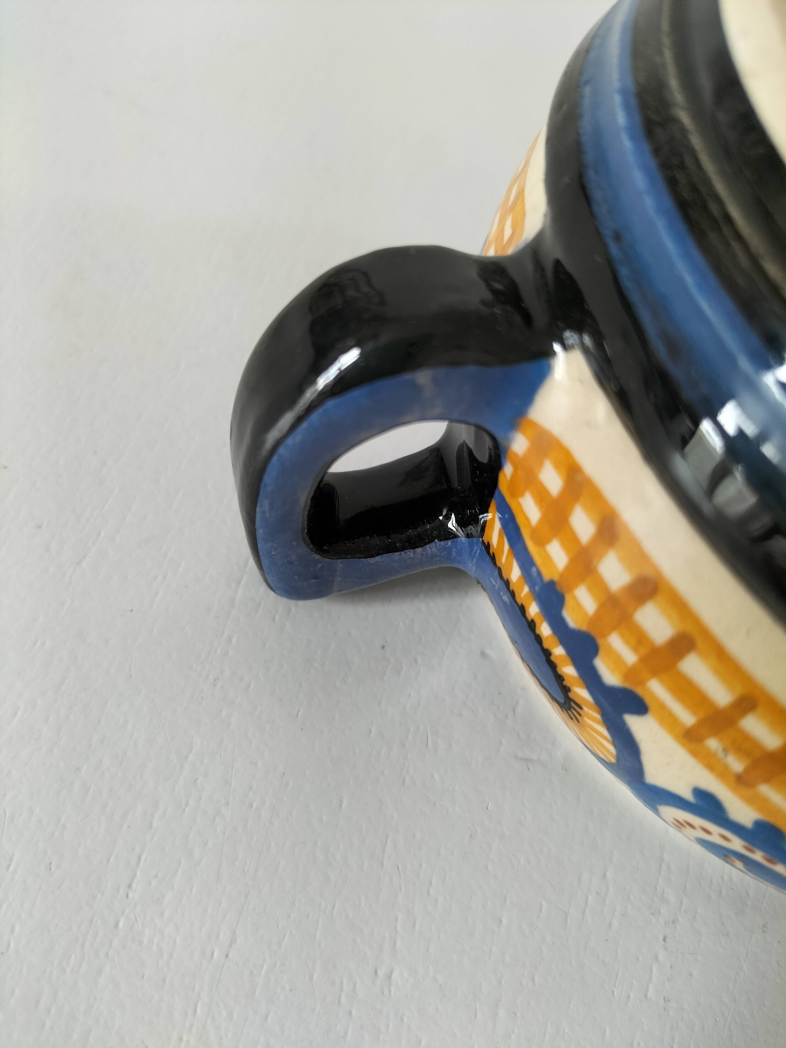 Quimper cup Paul Fouillen stylised decoration blue ochre circa 1940