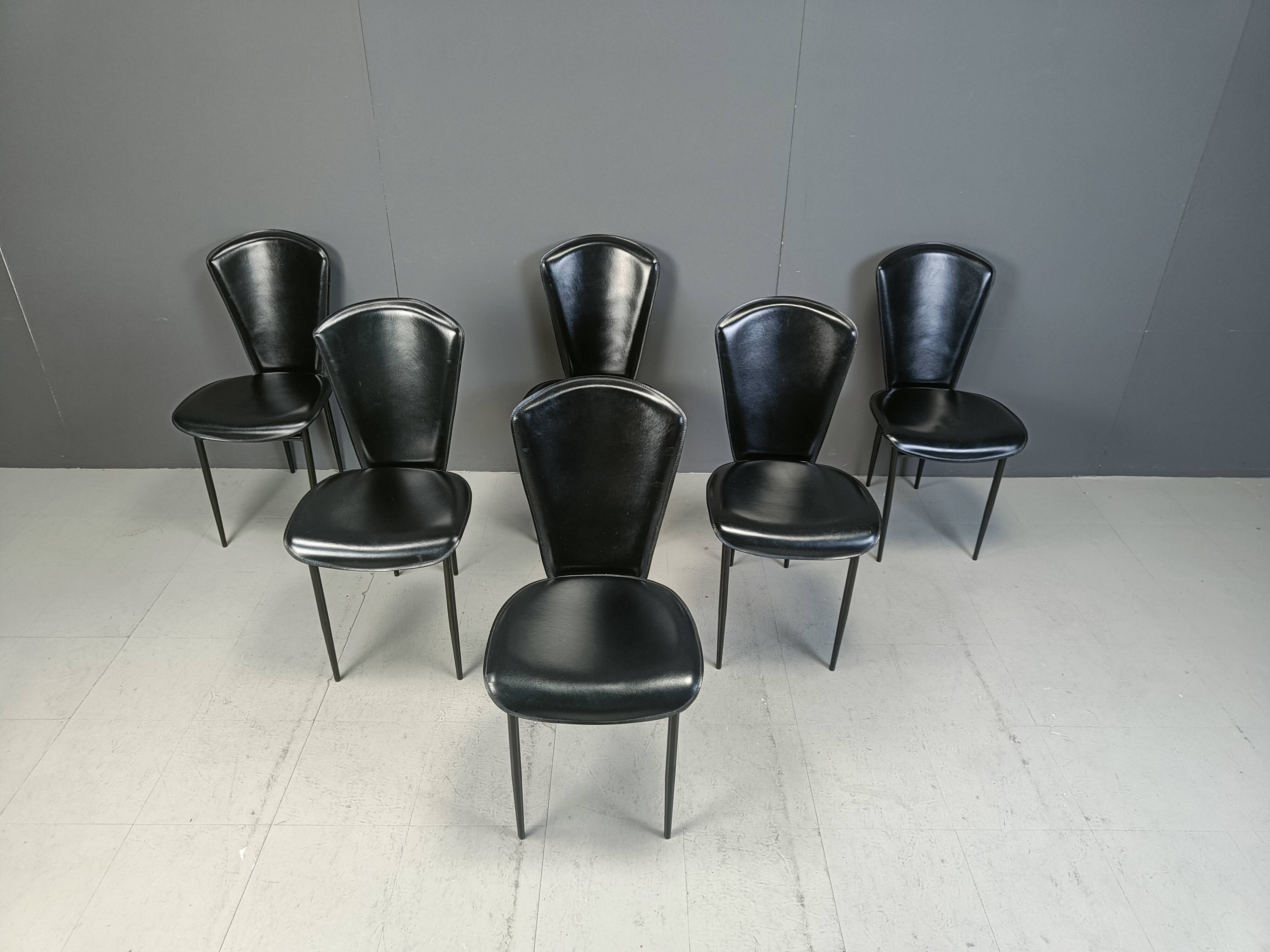 Lot de 6 chaises de salle à manger postmodernes en cuir italien, années 1980