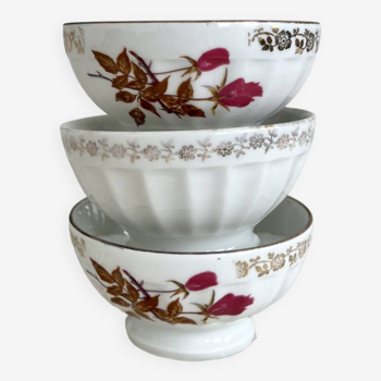 Trio de petits bols à café au lait vintage porcelaine blanche de Chauvigny motif fleuri cottage core