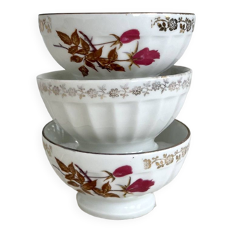 Trio de petits bols à café au lait vintage porcelaine blanche de Chauvigny motif fleuri cottage core