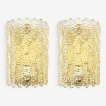 Pair of Scandinavian Amber Glass & Brass Wall Lights by Carl Fagerlund for Orrefors & Lyfa, 1960s