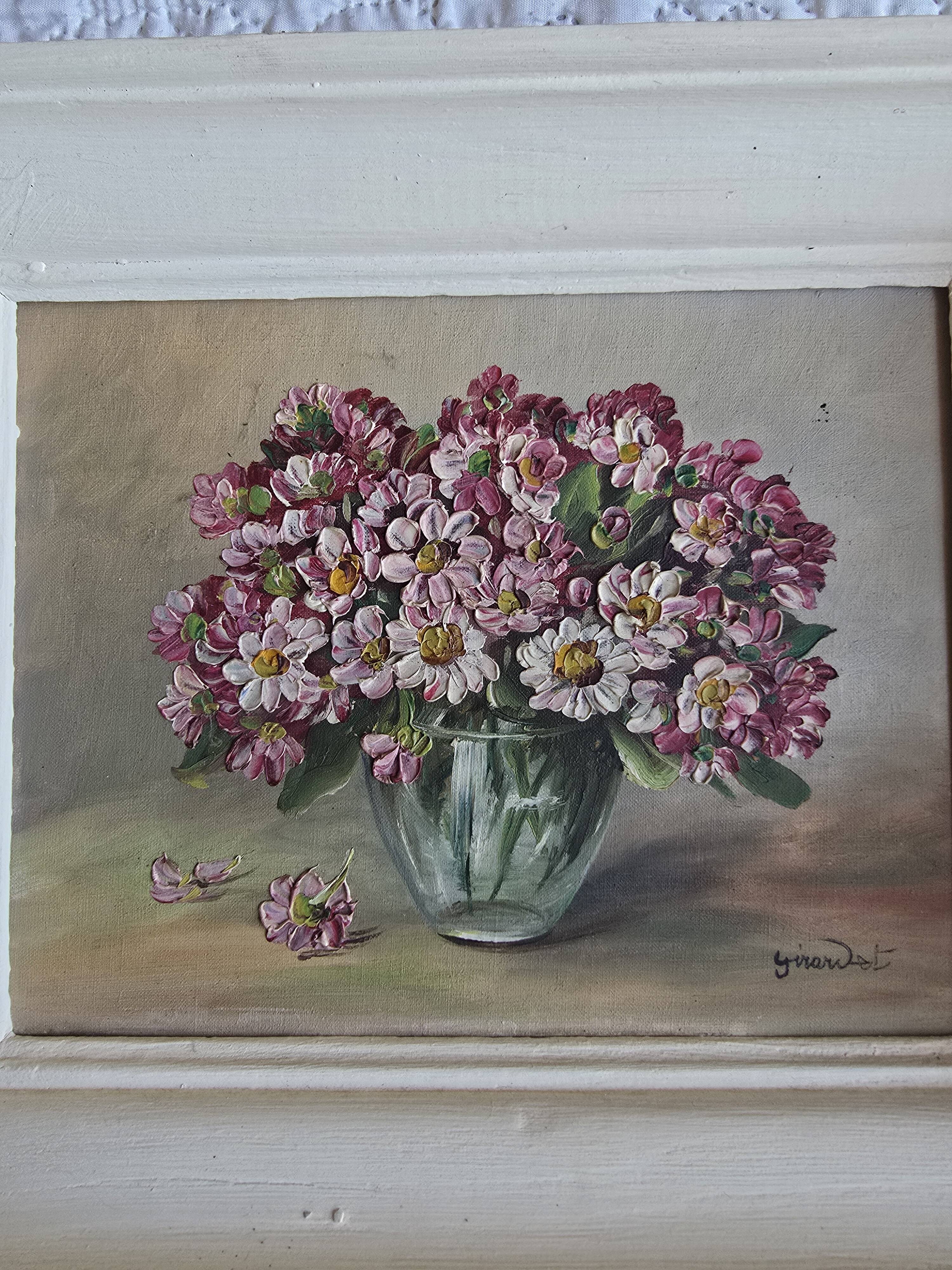 Tableau vintage bouquet de fleurs signé Girardot