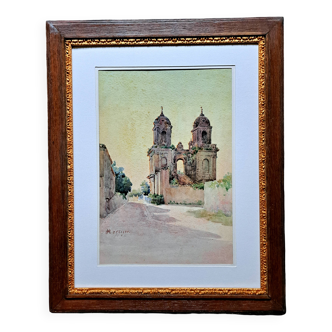 Aquarelle impressionniste signée - les tours de saint-jean d'angely vers 1900