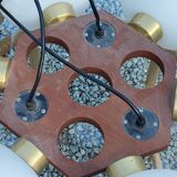 Scandinavian teak and white opaline chandelier with 6 lights from the 70s
