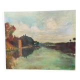 Peinture à l'huile vintage française paysage, signée A&C Pradel, 1993