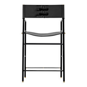 Contemporary bar stool with black leather backrest, black rubber metal structure.