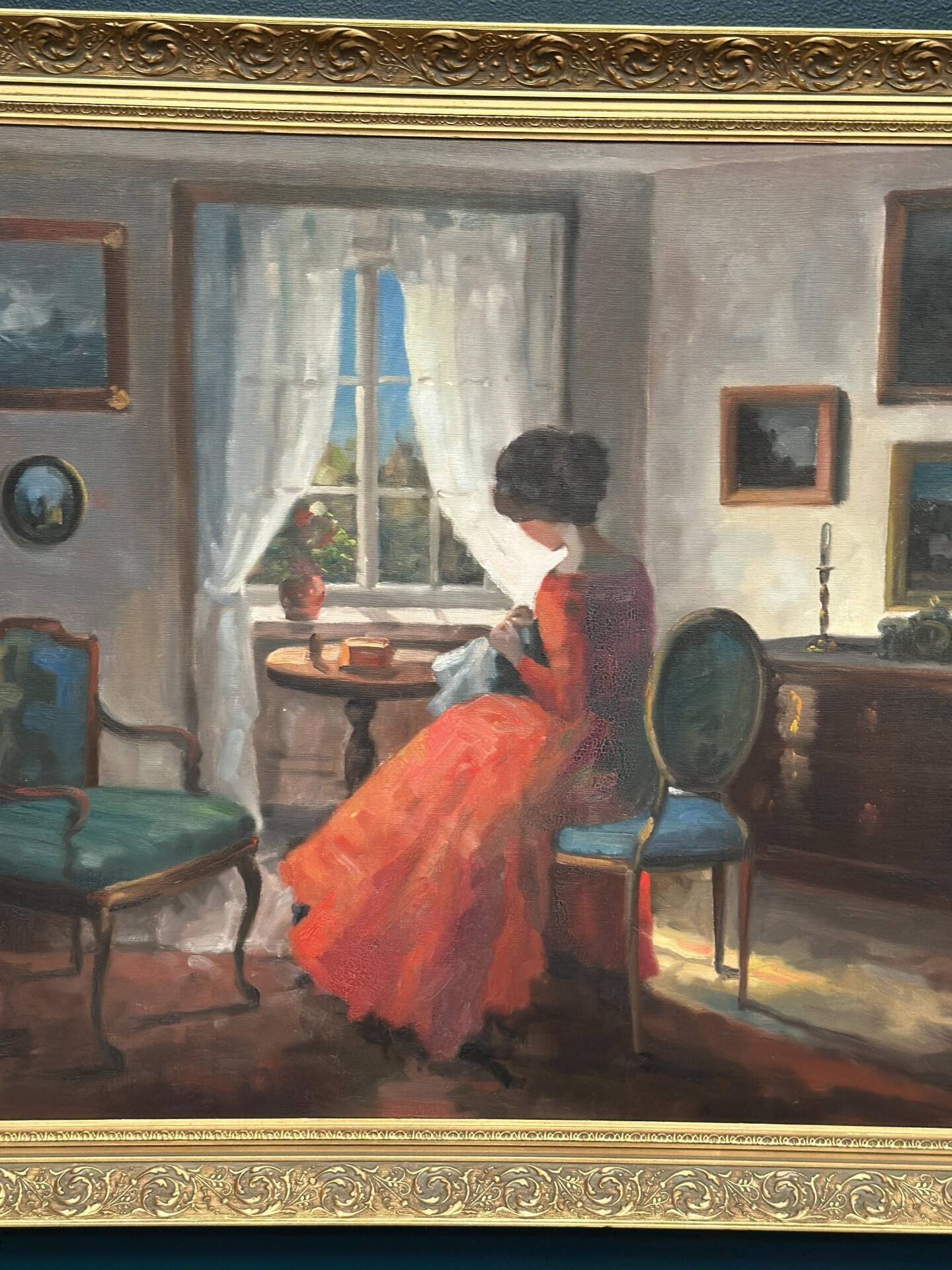 Scandinavian Oil on Canvas – Interior Scene by Bente Berg – Vintage