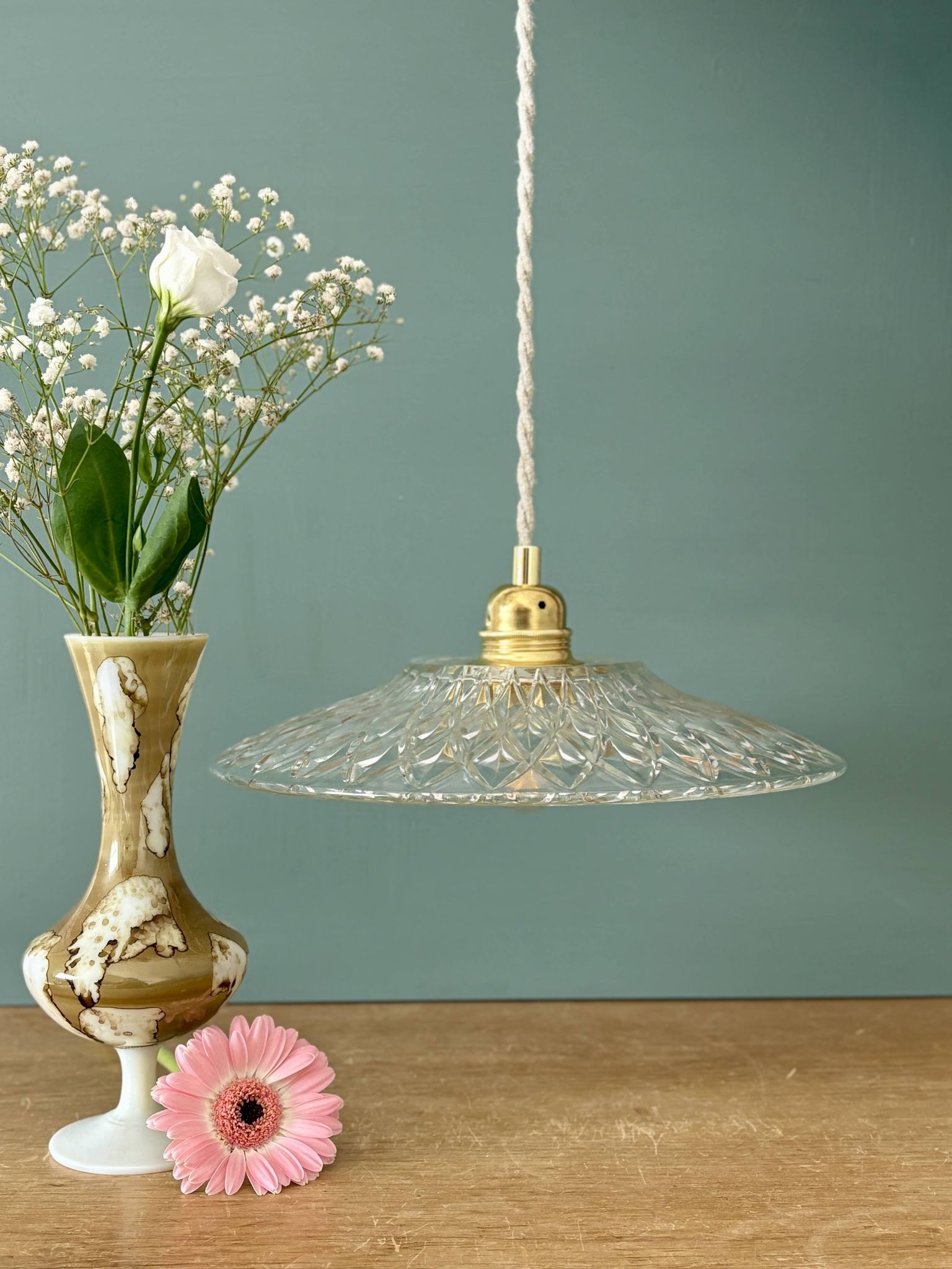Suspension abat-jour vintage en verre moulé - collection vaisselle -