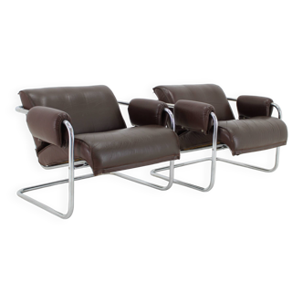 Paire de fauteuils tubulaires en cuir des années 1950, Tchécoslovaquie