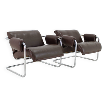 1950s Pair of Tubular Armchairs in Leather, Czechoslovakia