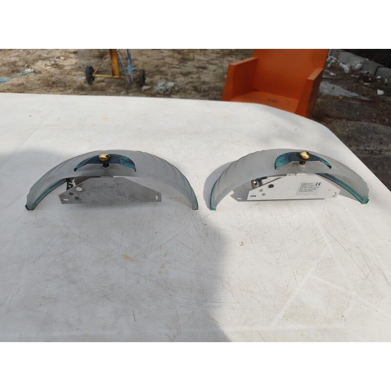 Pair of Art Deco wall lights with opaline glass, copper and brass.