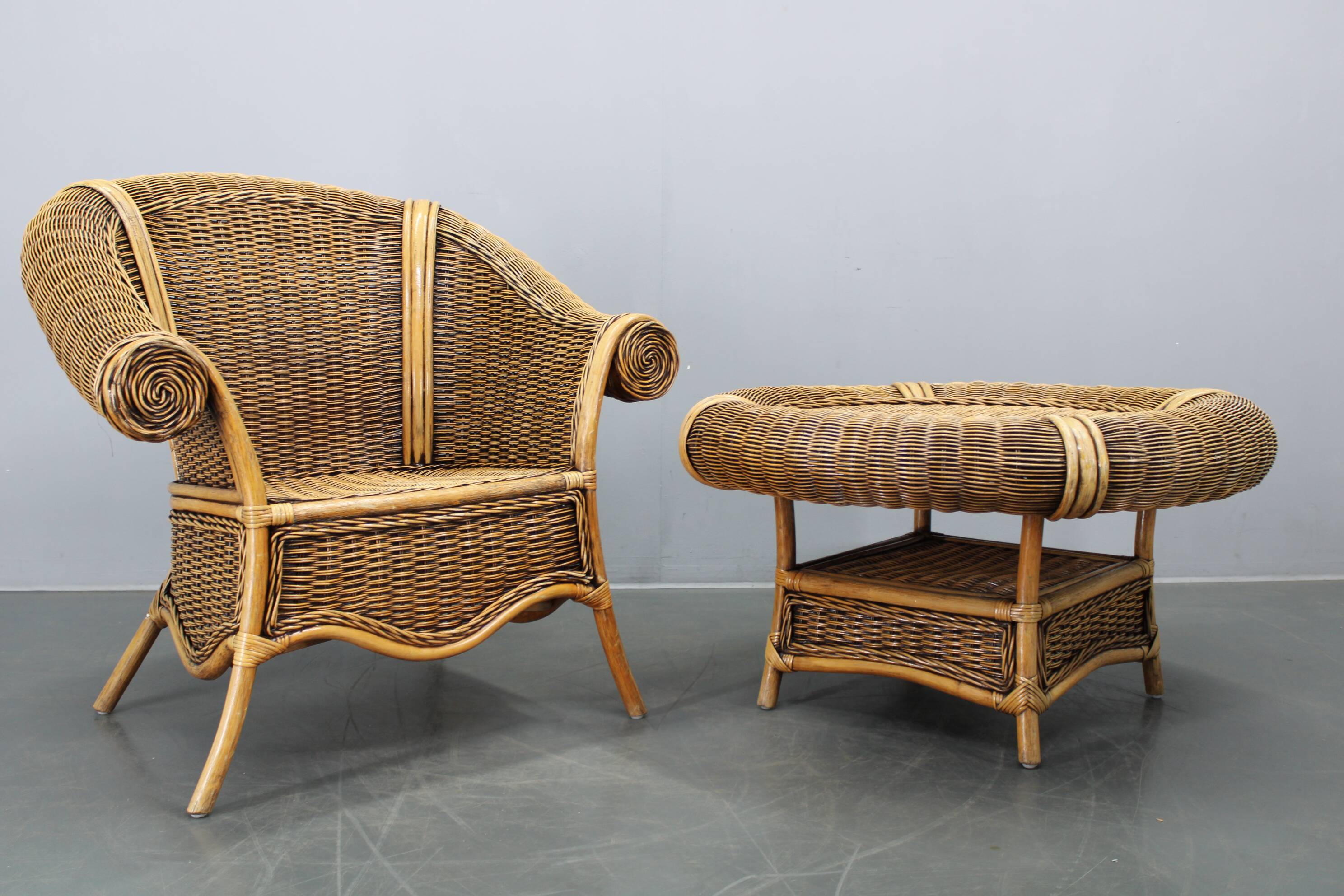 Vintage organic rattan armchair and round coffee table set, 1980s-1990s