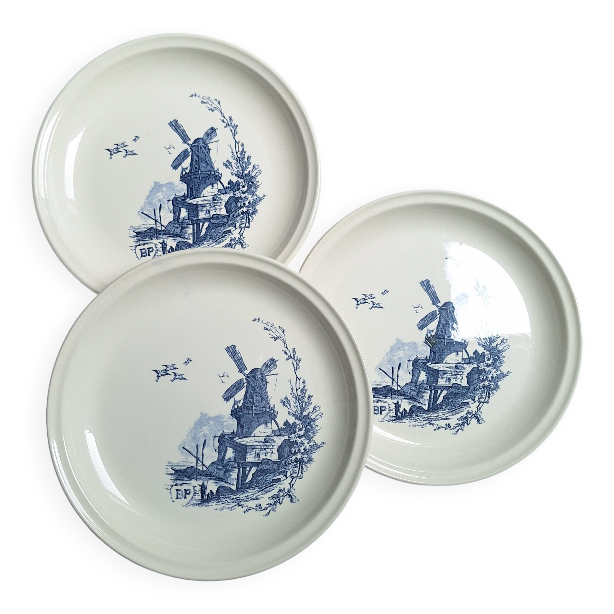 Assiettes plates moulin bleu vintage