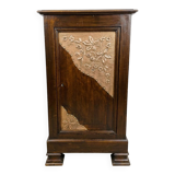 Small storage unit in solid wood and copper.