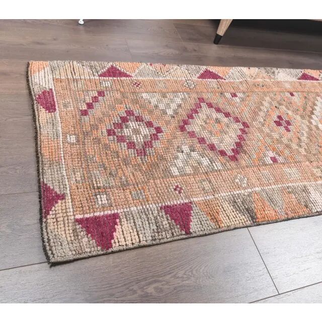 2'5x12'8 Vintage Orange Geometric Turkish Hand-Knotted Runner Rug 77x390
