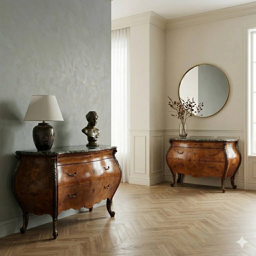 Paire de commodes anciennes style baroque en noyer XIXe siècle