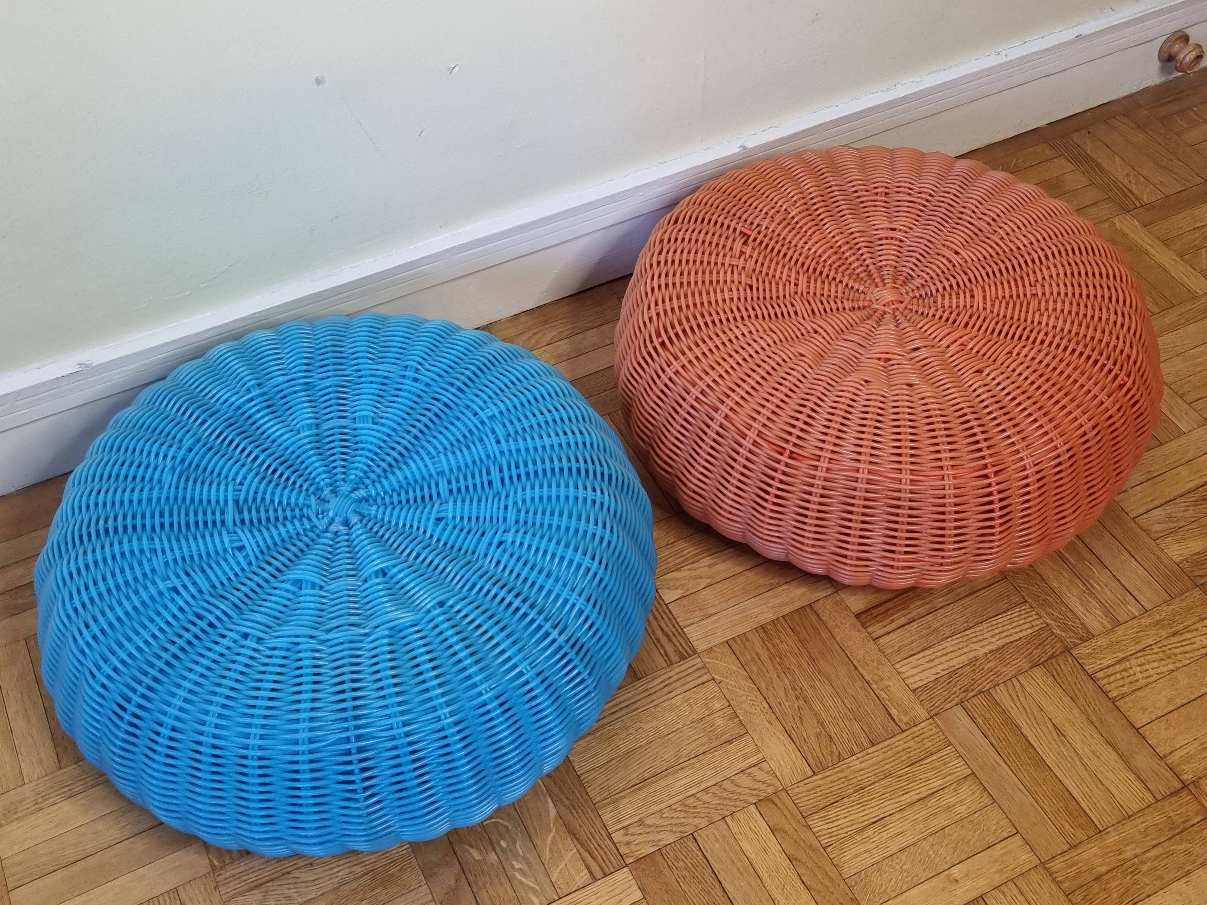Pair of vintage blue and orange Ikea poufs, 80s